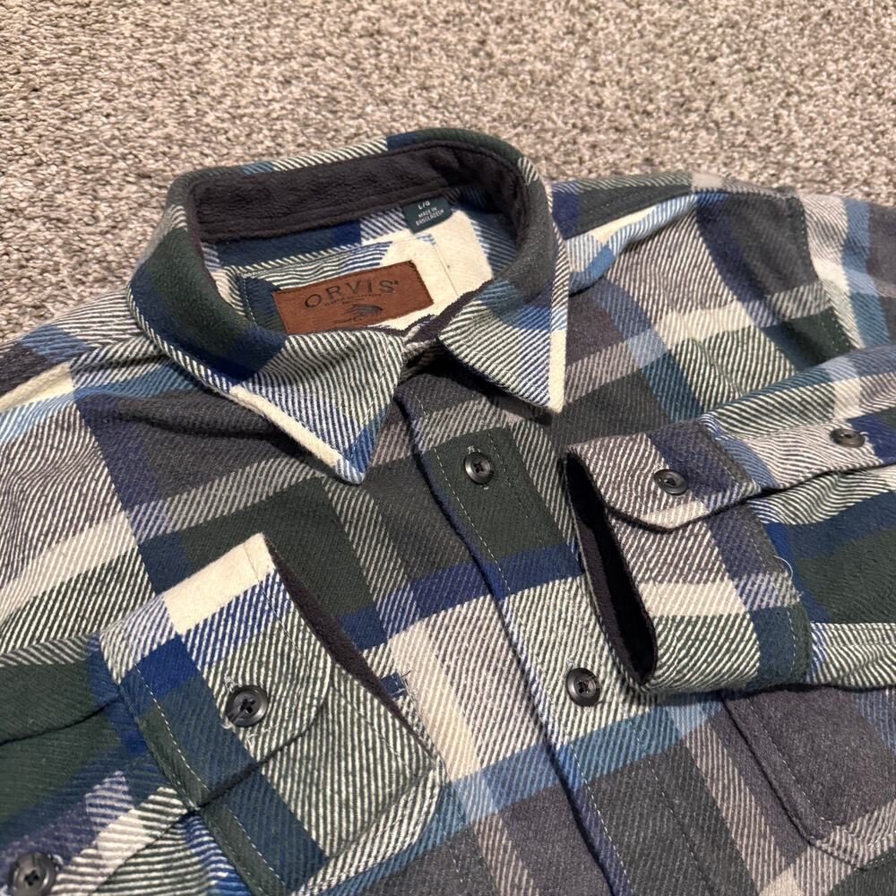 Orvis Heavyweight Flannel Shirt Mens Large Navy Blue Plaid Long Sleeve Button Up